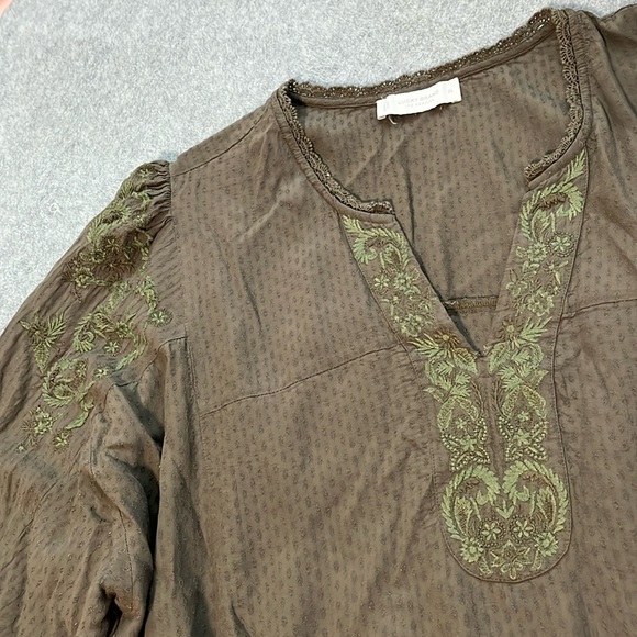 Lucky Brand Embroidered Top Womens XL Boho Olive Green Longsleeve Viscose - Picture 6 of 12
